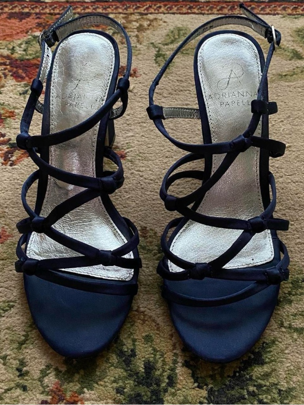 Adrianna Papell navy blue strappy satin & leather pumps